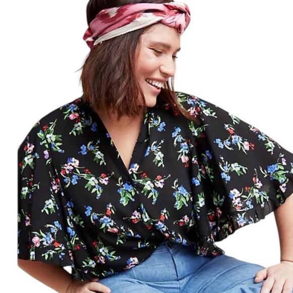 Maeve Anthropologie Aveiro Flutter Sleeve Floral Black Women's Top Blouse Large - Picture 1 of 10